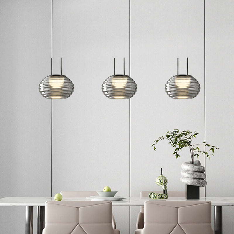 Lustre italien minimaliste à 3 lumières en verre rond ondulé avec long bar 