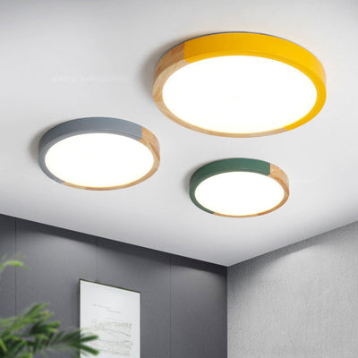 Nordic Minimalist Rubber Wood Wrought Iron Round LED Flush Mount Ceiling Light