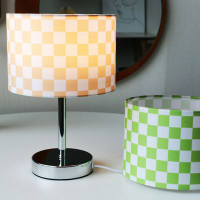 Vintage Checkerboard Grid Colored Fabric Column 1-Light Table Lamp