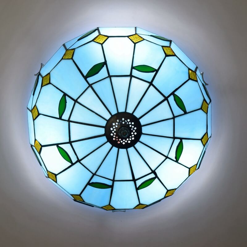 Tiffany Blue Mediterrane Buntglas-Deckenleuchte mit 3 Leuchten zur bündigen Montage 
