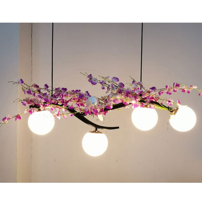 Lustre industriel créatif à 4 lumières en forme de boule de verre avec plante birdie 