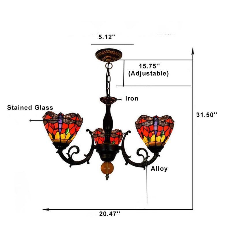 Europäischer Tiffany-Kronleuchter aus rotem Libelle-Buntglas mit 3 Lichtern 