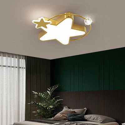 Nordic Luxury Star Moon Copper Crystal LED Flush Mount Ceiling Light