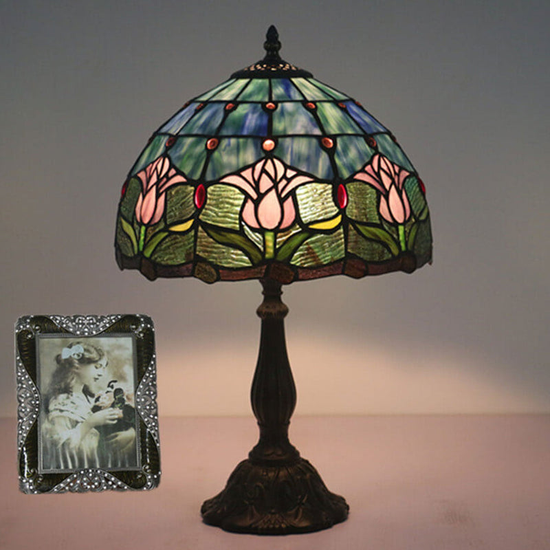 European Vintage Tulip Stained Glass Dome 1-Light Table Lamp