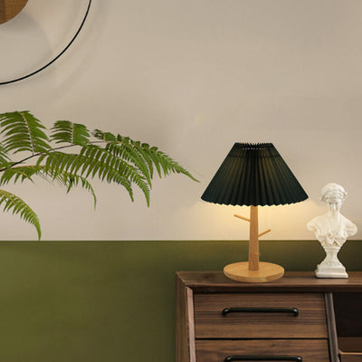 Nordic Minimalist Solid Color Pleated Wood Fabric 1-Light Table Lamp
