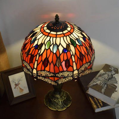 Vintage Tiffany Red Dragonfly Stained Glass 1-Light Table Lamp