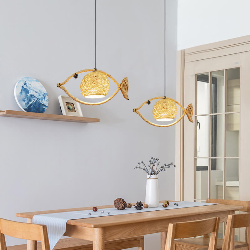 Lampe suspendue LED à 1 lumière en forme de poisson, corde de chanvre créative, tissage de saule 