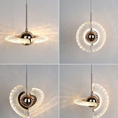 Moderne, minimalistische, runde, 1-flammige LED-Pendelleuchte mit fliegender Untertasse aus Kristall 