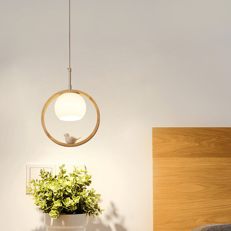 Luminaire suspendu à LED à 1 lumière avec anneau en bois rond moderne petit oiseau 