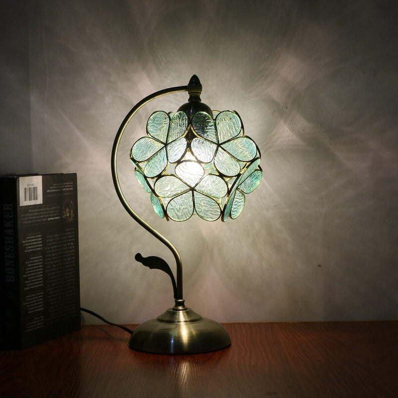 Lampe de table à 1 lumière en verre teinté boule de pétale vert Tiffany 