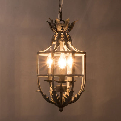 Lustre vintage à 3 lumières en cage de lanterne en fer forgé 