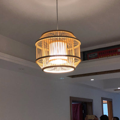 Lanterne suspendue ronde à 1 lumière en bambou moderne tissée de style chinois 