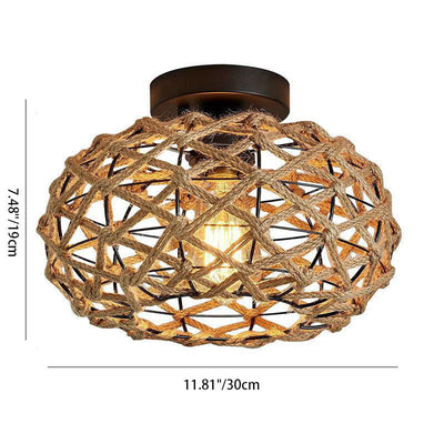 Traditional Rustic Hemp Rope Weaving Iron Cage 1-Light Semi-Flush Mount Ceiling Light For Bedroom