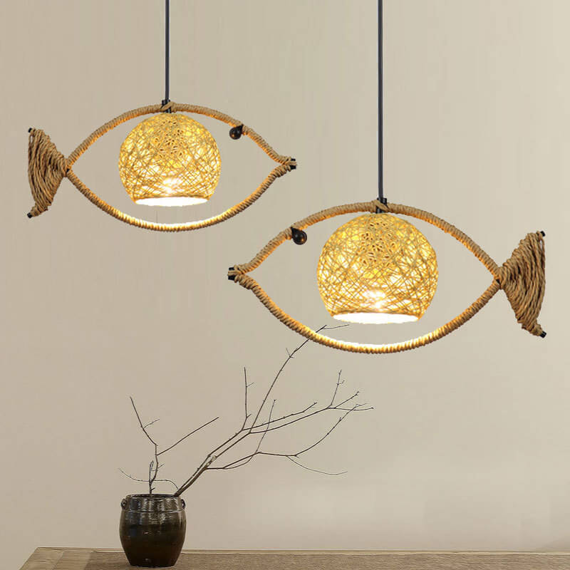 Lampe suspendue LED à 1 lumière en forme de poisson, corde de chanvre créative, tissage de saule 
