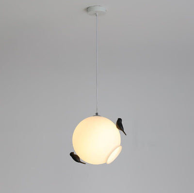 Modern Glass Ball with Standing Birds 1-Light Pendant Light