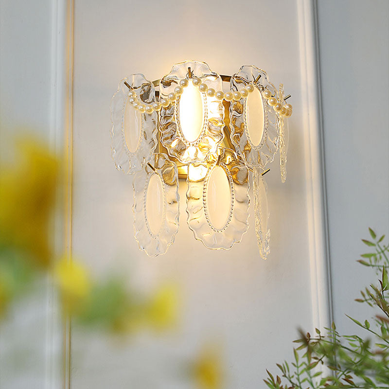 Modern Shabby Chic Pearl Decor Petal Crystal Shade 1-Light Wall Sconce Lamp For Living Room