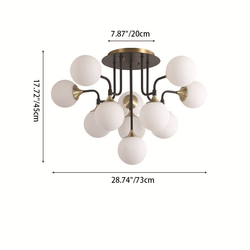 Lustre moderne à 11/13 lumières avec abat-jour en forme de boule de verre et cadre en cuivre du milieu du siècle pour le salon 