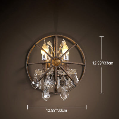 Traditional Colonial Round Cage Iron Crystal 2-Light Wall Sconce Lamp For Living Room