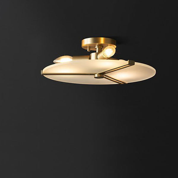 Modern Glass Flat Round Brass 3-Light Semi-Flush Mount Ceiling Light