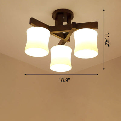 Modern Walnut Solid Glass Cylinder Shade 3/5/8 Light Semi-Flush Mount Ceiling Light