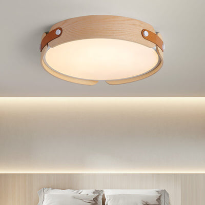 Modern Minimalist Solid Wood Round Leather Design LED Flush Mount Ceiling Light