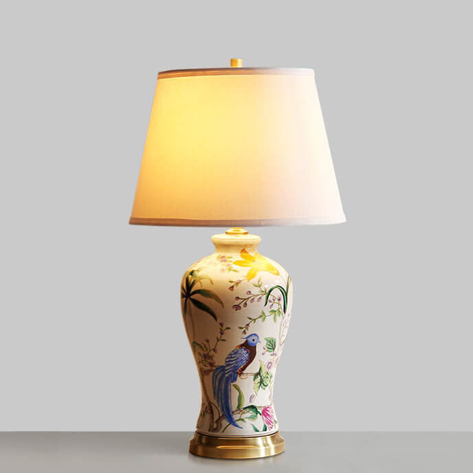 Traditional Chinese Bird & Flower Painted Ceramic Base Fabric Shade 1-Light Table Lamp For Home Office