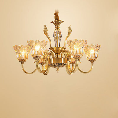 Traditional French Gold Finish Frame Floral Glass Shade 6/8-Light Chandelier For Living Room