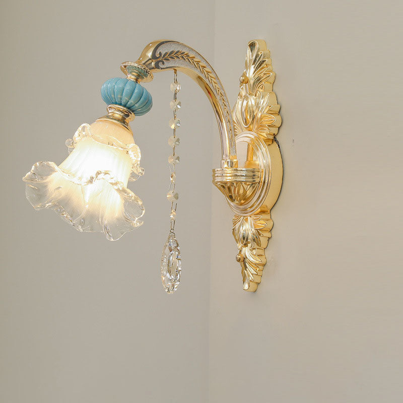 Traditional European Floral Alloy Ceramic Glass 1/2 Light Wall Sconce Lamp For Bedroom