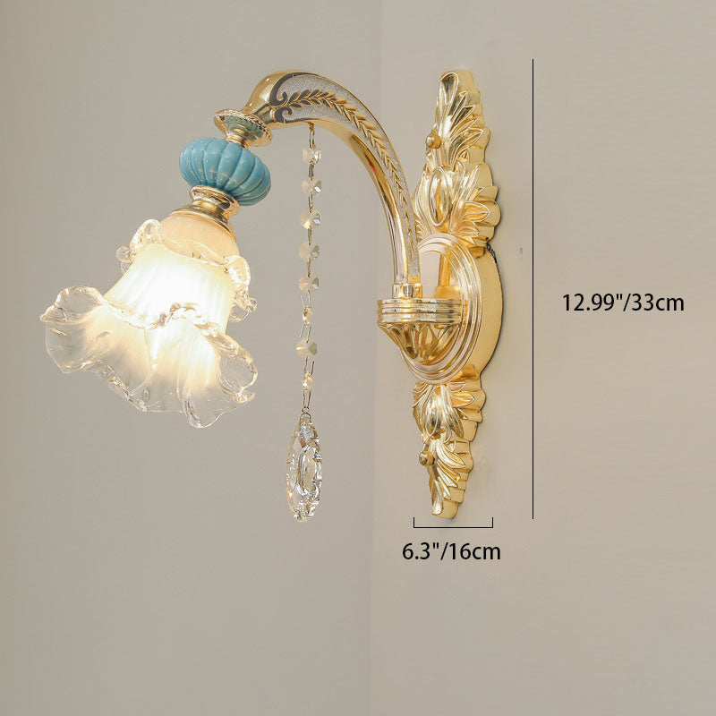 Traditional European Floral Alloy Ceramic Glass 1/2 Light Wall Sconce Lamp For Bedroom