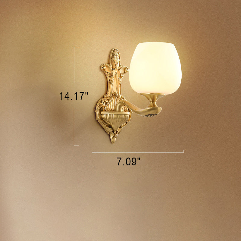 Lampe de luxe européenne en laiton avec tasse en verre, Base sculptée, applique murale à 1/2 lumières 