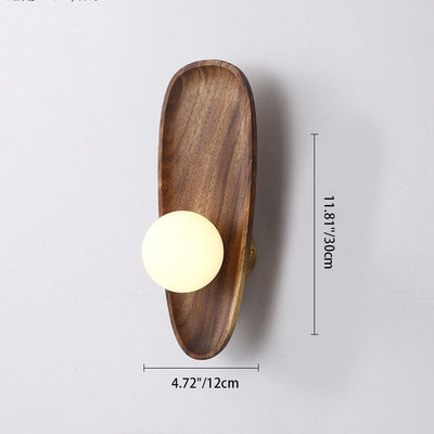 Traditional Japanese Irregular Oval Plate Wood Glass LED Wall Sconce Lamp For Bedroom