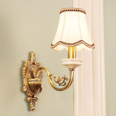 European Luxury Fabric Brass Carved 1/2 Light Wall Sconce Lamp