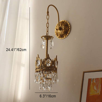 Traditional French Bent Crown Copper Crystal 1-Light Wall Sconce Lamp For Bedroom