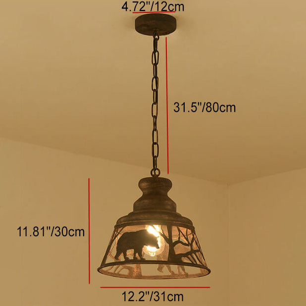 Traditional Vintage Round Trapezoidal Animal Iron 1-Light Pendant Light For Living Room