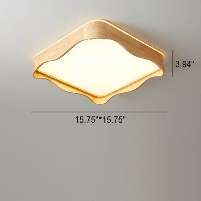 Japanese Original Wood Square Ripple Design LED Flush Mount Ceiling Light