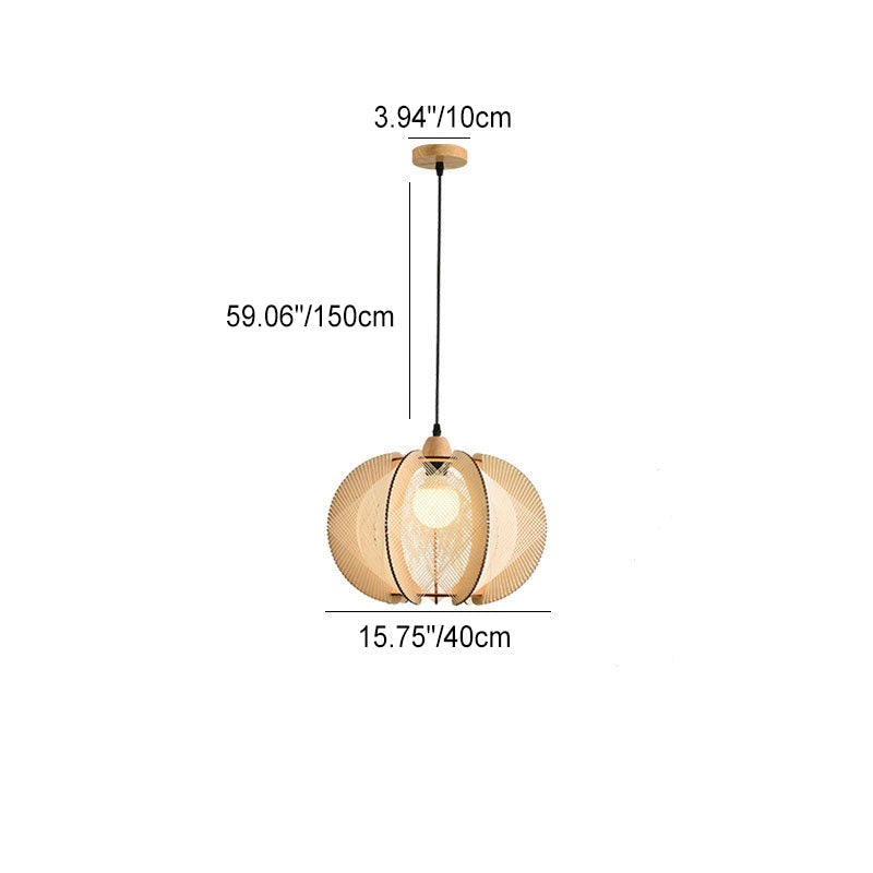 Traditional Japanese Wooden Frame Linen Thread Weaving Cage Shape 1-Light Pendant Light For Living Room