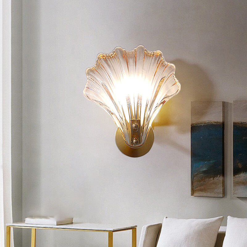 Modern Art Deco Scalloped Shell Amber Glass Shade Brass Frame 1-Light Wall Sconce Lamp For Bedroom