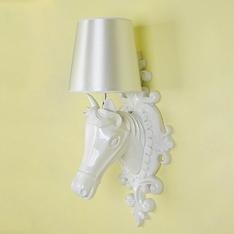 European Vintage Resin Horse Head Fabric 1-Light Wall Sconce Lamp