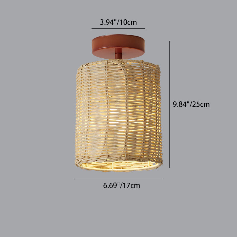 Contemporary Coastal Rattan Weaving Cylinder Shade 1-Light Semi-Flush Mount Ceiling Light For Hallway