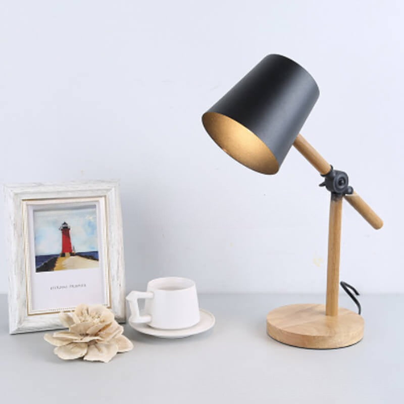 Macaron Creative Iron Cylinder Wooden Base 1-Light Table Lamp