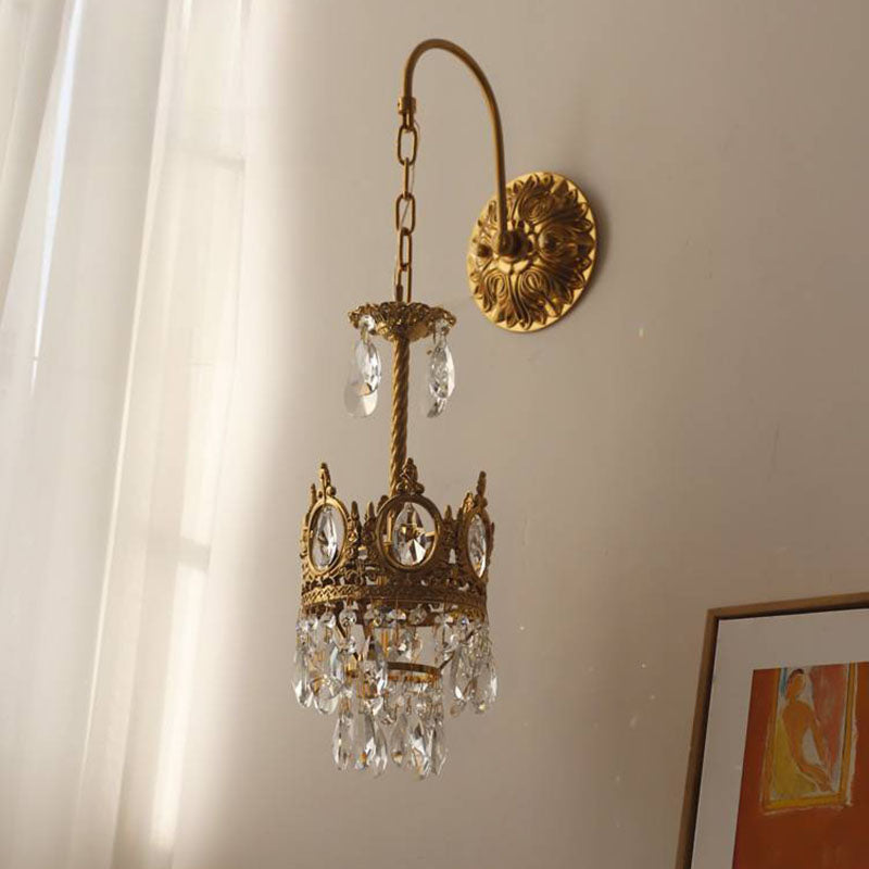 Traditional French Bent Crown Copper Crystal 1-Light Wall Sconce Lamp For Bedroom