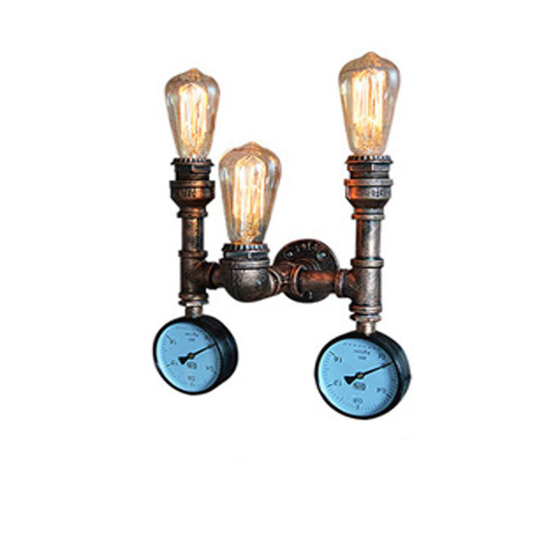 Vintage Industrial Iron Pipe Water Meter 3-Light Wall Sconce Lamp