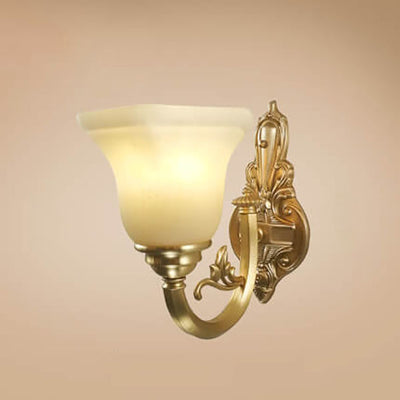 European Vintage Brass Glass Cone Carved 1/2 Light Wall Sconce Lamp