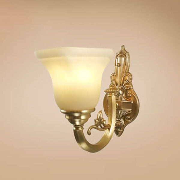 European Vintage Brass Glass Cone Carved 1/2 Light Wall Sconce Lamp