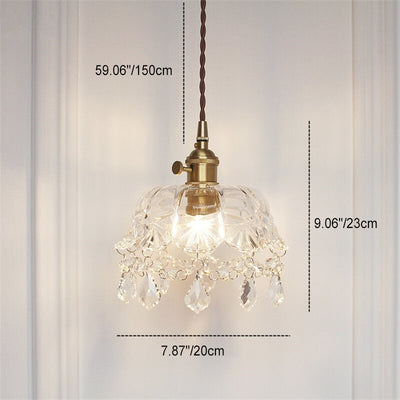 Contemporary Vintage Round Floral Brass Glass 1-Light Pendant Light For Bedroom