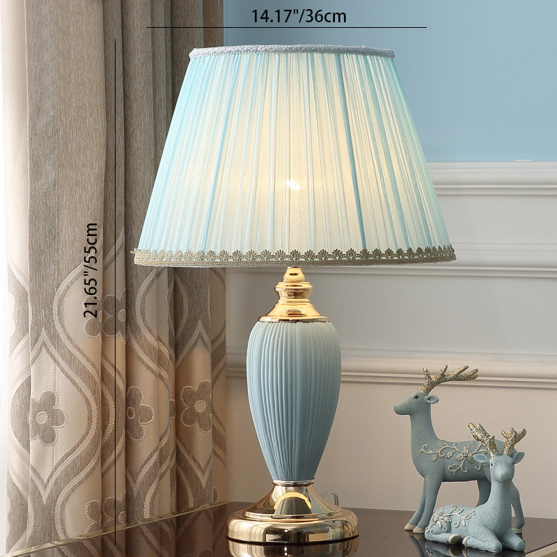 Traditional European Pleated Fabric Shade Ceramic Column Base 1-Light Table Lamp For Study