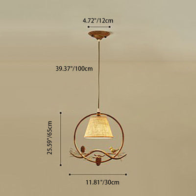 Traditional Rustic Fabric Shade Iron Ring Resin Bird 1-Light Pendant Light For Bedroom