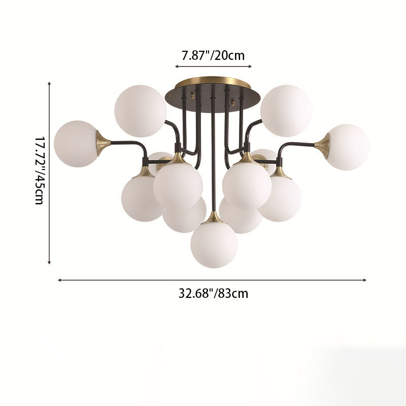 Lustre moderne à 11/13 lumières avec abat-jour en forme de boule de verre et cadre en cuivre du milieu du siècle pour le salon 