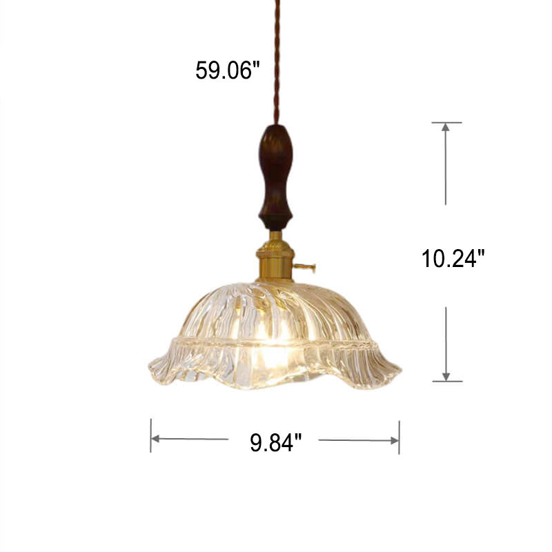 Vintage Glass Flower Dome Brass Walnut 1-Light Pendant Light