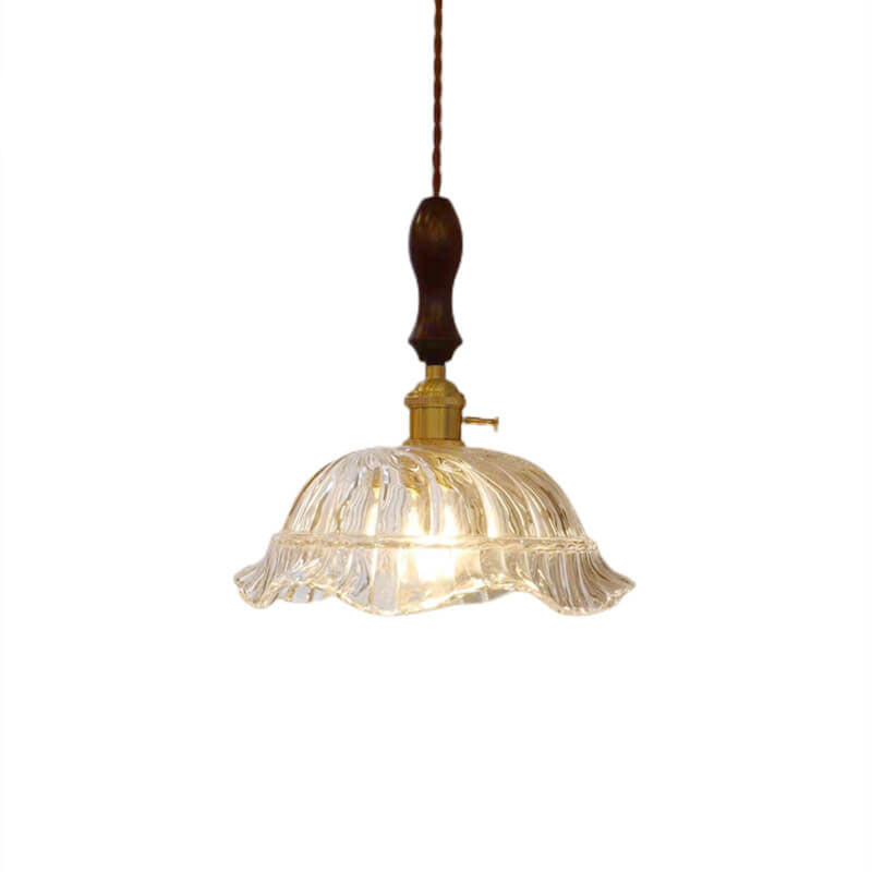 Vintage Glass Flower Dome Brass Walnut 1-Light Pendant Light